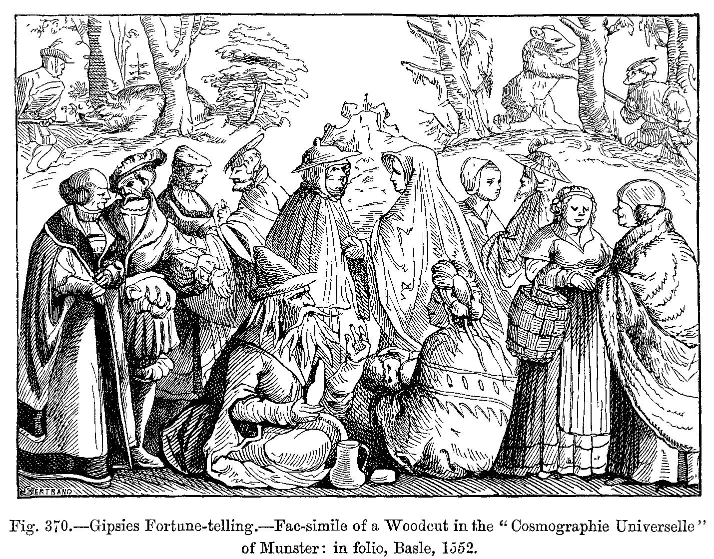 Gipsies Fortune telling Fac simile of a Woodcut in the Cosmographie Universelle of Munster in folio Basle 1552