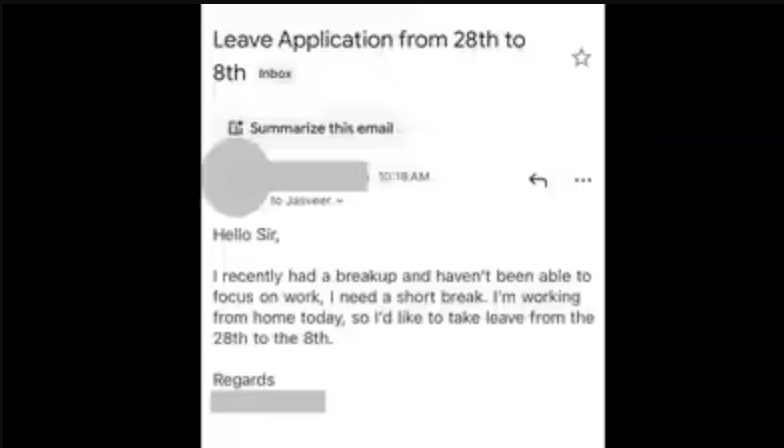 Screen shot of the request for breakup time off